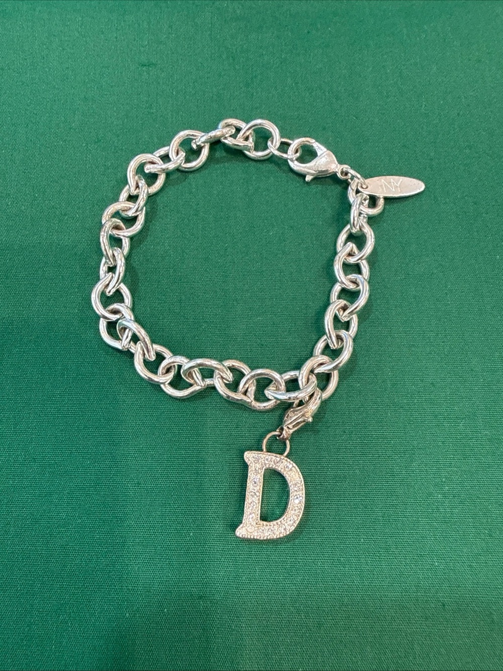 New York & Company Bracelet Silver Chain Dangle D Charm with Rhinestones #1B